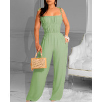 Shirred Pocket Design Wide Leg Jumpsuit - green