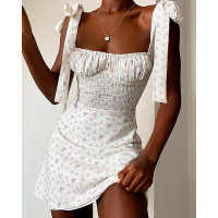 Shirred Ruched Ditsy Floral Print Dress - white