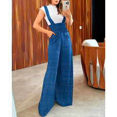 Shirred Wide Leg Bootcut Suspender Jumpsuit - blue