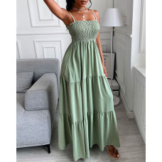 Shirring Detail Ruched Casual Maxi Dress - green