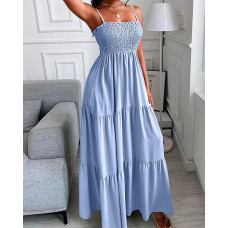 Shirring Detail Ruched Casual Maxi Dress - sky blue