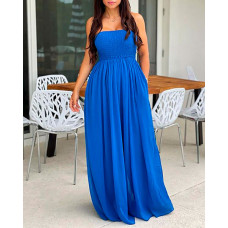 Shirring Detail Wide Leg Casual Jumpsuit - blue