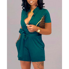 Short Sleeve Button Front Belted Romper - green