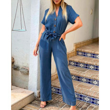 Short Sleeve Button Front Denim Jumpsuit With Belt - blue