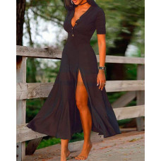 Short Sleeve Button Front High Slit Dress - black