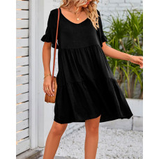 Short Sleeve Casual Smock Dress - black