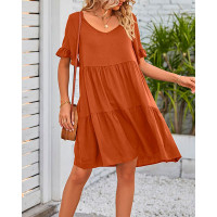 Short Sleeve Casual Smock Dress - brown