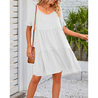 Short Sleeve Casual Smock Dress - white