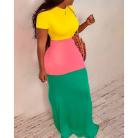 Short Sleeve Colorblock Maxi Dress - green