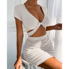 Short Sleeve Cutout Ruched Bodycon Dress - white