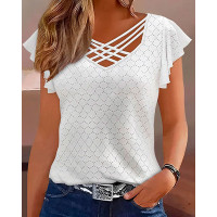 Short Sleeve Eyelet Embroidery Criss Cross Top - white