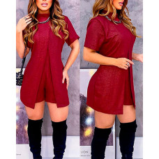 Short Sleeve Fake Two-Piece Slit Romper - red