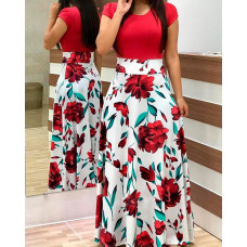 Short Sleeve Floral Print Maxi Dress - red