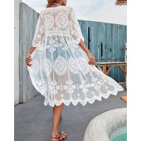 Short Sleeve Geometric Pattern Lace Cover Up - white