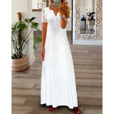 Short Sleeve Lace Patch Maxi Dress - white