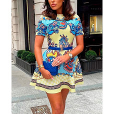 Short Sleeve Paisley Print Dress - Multicolor