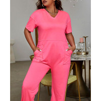 Short Sleeve Pocket Design V-Neck Jumpsuit - pink