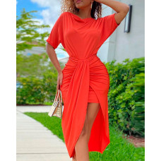 Short Sleeve Ruched Asymmetrical Casual Dress - orange