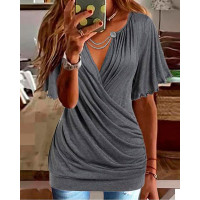 Short Sleeve Ruched Wrap Top - gray