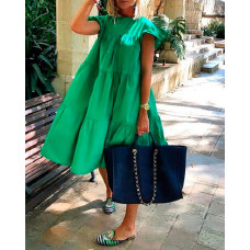 Short Sleeve Ruffles Ruched Casual Dress - green