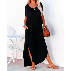 Short Sleeve Split Hem V-Neck Casual Dress - black