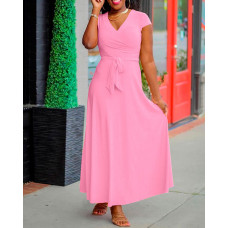 Short Sleeve Surplice Neck Belted Maxi Dress - pink