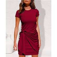 Short Sleeve Tied Detail Casual Dress - Wine red