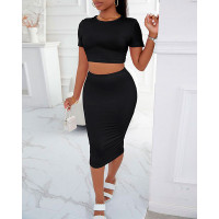 Short Sleeve Top & High Waist Skirt Set - black