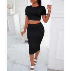 Short Sleeve Top & High Waist Skirt Set - black