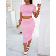 Short Sleeve Top & High Waist Skirt Set - light pink