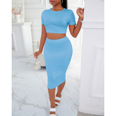 Short Sleeve Top & High Waist Skirt Set - Lighted Blue