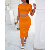 Short Sleeve Top & High Waist Skirt Set - orange