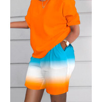 Short Sleeve Top & Ombre Shorts Set - orange