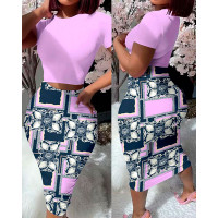 Short Sleeve Top & Scarf Print High Waist Skirt Set - purple