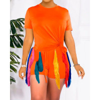 Short Sleeve Top & Tassel Design Shorts Set - orange