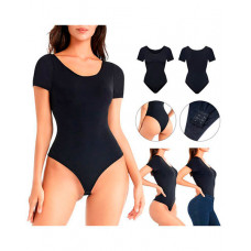 Short Sleeve Tummy Control Crotchless Shapewear Bodysuit - black