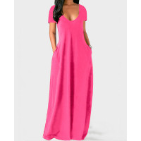 Short Sleeve V-Neck Casual Maxi Dress - hot pink