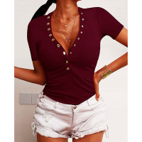 Short Sleeve V-Neck Snap Button Ribbed Top - Wine red