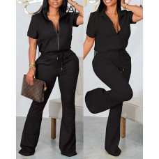 Short Sleeve Zip Up Top & Drawstring Pants Set - black