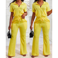 Short Sleeve Zip Up Top & Drawstring Pants Set - yellow