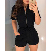 Short Sleeve Zipper Design Romper - black