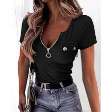 Short Sleeve Zipper Front Casual T-shirt - black