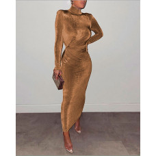 Shoulder Pad Long Sleeve Ruched Skinny Maxi Dress - gold