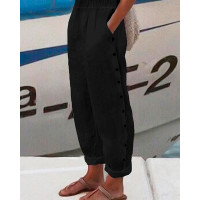 Side Button Pocket Design Cuffed Pants - black