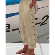 Side Button Pocket Design Cuffed Pants - khaki