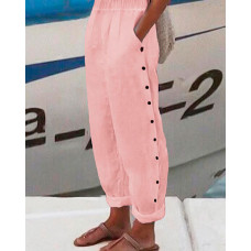 Side Button Pocket Design Cuffed Pants - pink