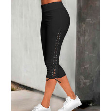 Side Eyelet Lace-up Capris Pants - black