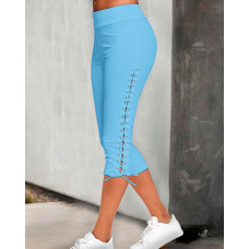 Side Eyelet Lace-up Capris Pants - Lighted Blue