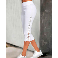 Side Eyelet Lace-up Capris Pants - white