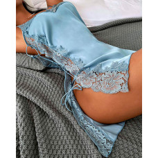 Side Lace-up Contrast Lace Satin Babydoll - blue